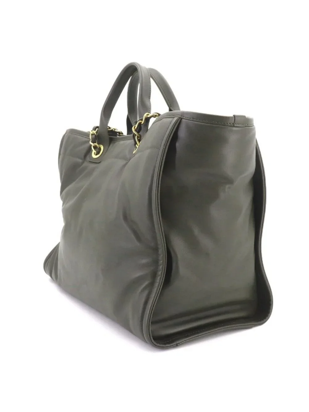 Chanel Deauville GM 2-Way Tote Chain Shoulder Bag Leather Khaki